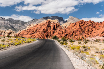 Long narrow road leading to red rocks of Red Rock Canyon.
