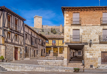 Fototapeta na wymiar Penaranda de Duero main square of medieval castle and fortified town in Castilla La Mancha Spain
