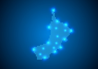 Obraz premium Abstract blue background with map, internet line, connected points. map with dot nodes. Global network connection concept. Wire frame 3D mesh polygonal network line. vector.