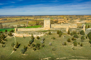 Penaranda de Duero aerial view of medieval castle, donjon and fortified town in Castilla La Mancha Spain