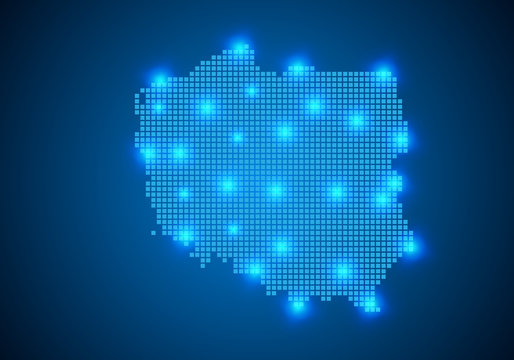 Fototapeta Abstract blue background with map, internet line, connected points. map with dot nodes. Global network connection concept. Wire frame 3D mesh polygonal network line. vector.