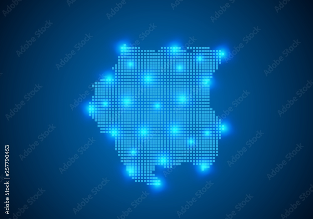 Poster abstract blue background with map, internet line, connected points. map with dot nodes. global netwo