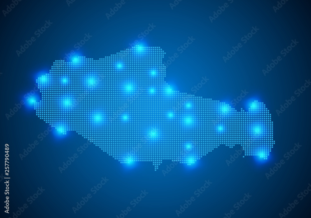 Poster abstract blue background with map, internet line, connected points. map with dot nodes. global netwo