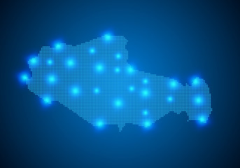 Obraz premium Abstract blue background with map, internet line, connected points. map with dot nodes. Global network connection concept. Wire frame 3D mesh polygonal network line. vector.