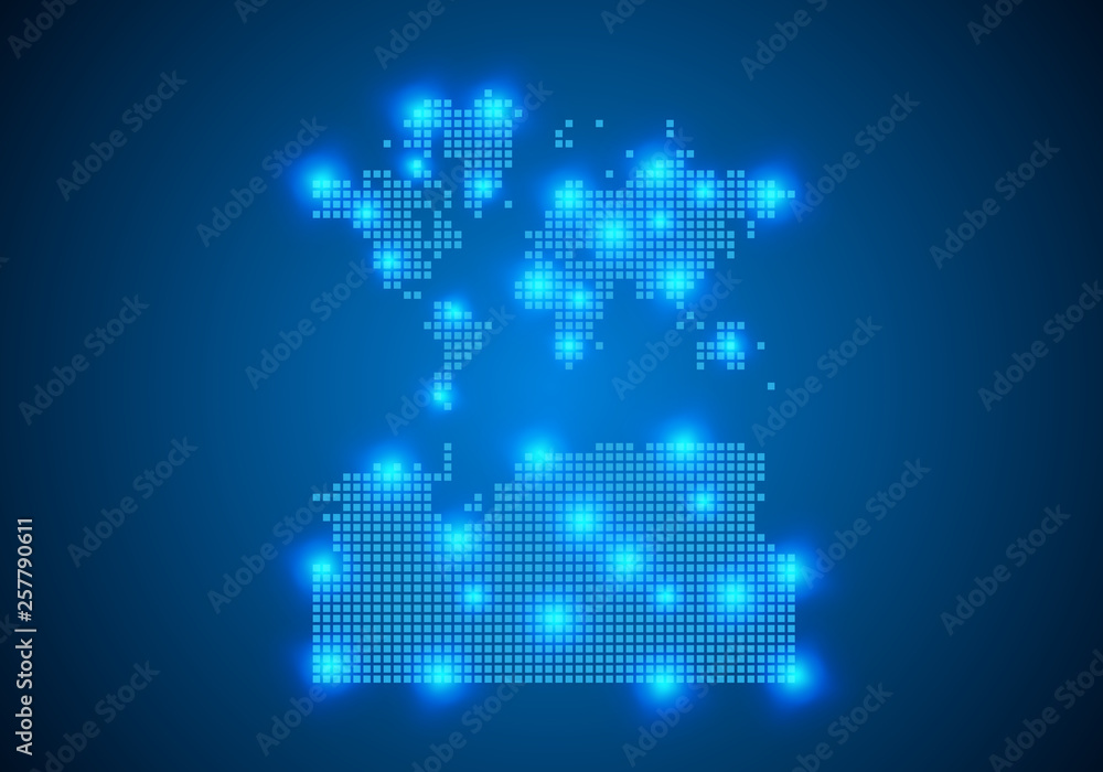 Poster abstract blue background with map, internet line, connected points. map with dot nodes. global netwo