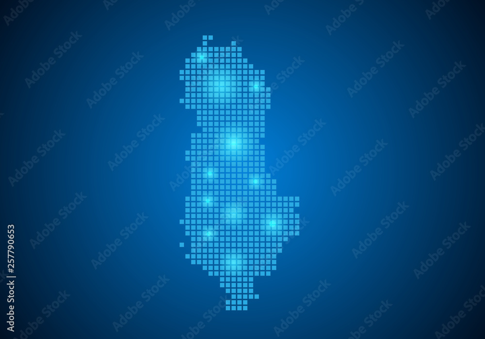Poster abstract blue background with map, internet line, connected points. map with dot nodes. global netwo