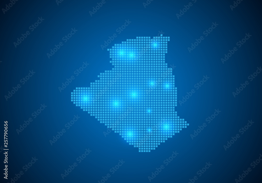 Poster abstract blue background with map, internet line, connected points. map with dot nodes. global netwo