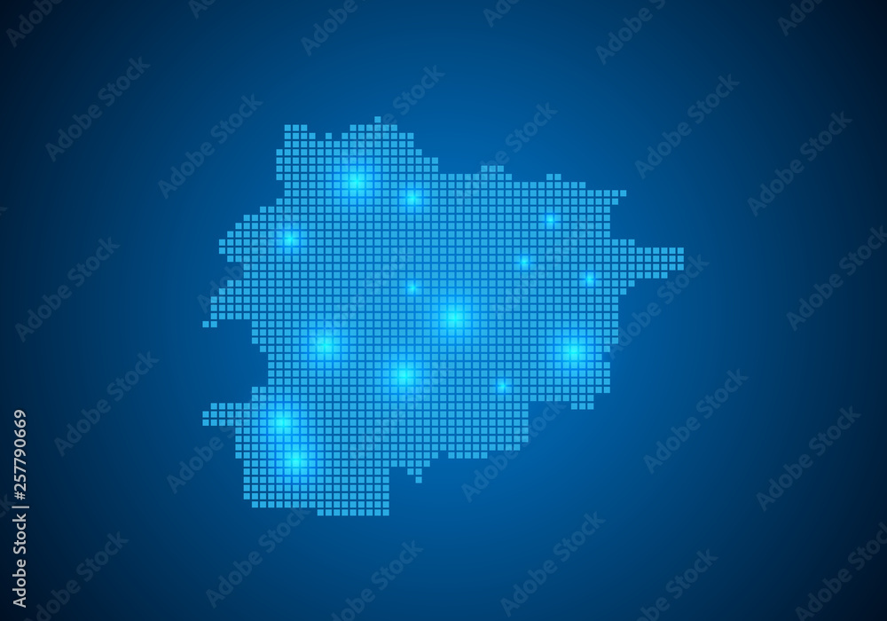 Poster abstract blue background with map, internet line, connected points. map with dot nodes. global netwo