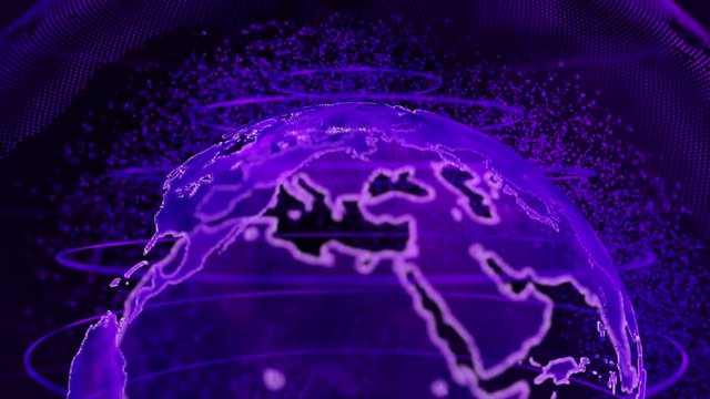 Purple 3D rendering of earth technology, business and communications background. Earth globe rotation with plexus particles around. TV news