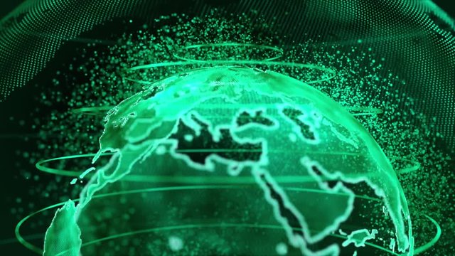 Green 3D rendering of earth technology, business and communications background. Earth globe rotation with plexus particles around. TV news