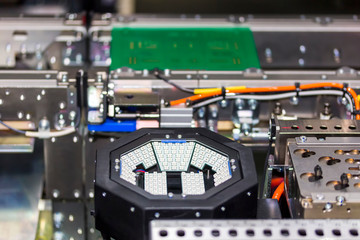Close up inside automatic PCB LED SMT pick and place machine of high technology and accuracy for...