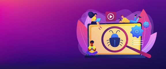 Tiny business people with digital devices testing demo software. Beta testing, new product testing, presale user experience concept. Header or footer banner template with copy space. © Visual Generation