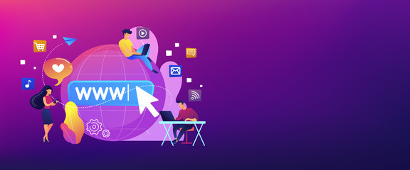 Fototapeta premium Tiny business people with digital devices at big globe surfing internet. Internet addiction, real-life substitution, living online disorder concept. Header or footer banner template with copy space.