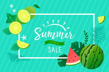 Fototapeta premium Summer sale background with lime and watermelon.