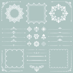 Vintage set of horizontal, square and round elements. Different elements for design, frames, cards, menus, backgrounds and monograms. Classic white patterns. Set of vintage patterns