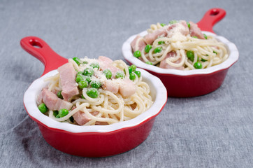 Spaghetti with fried bacon