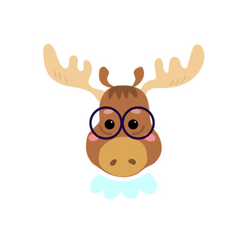 Cute cartoon character. Stylish moose in glasses. Cool picture is great for children's products: clothes, textiles, postcards, stationery products and other things. Vector illustration.