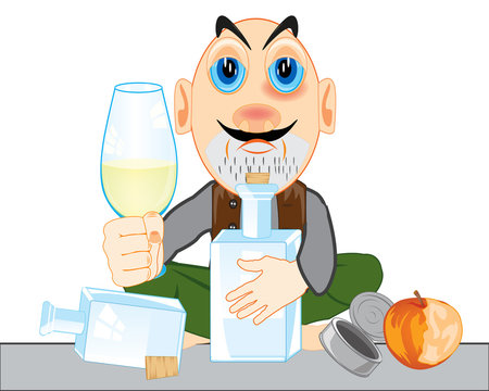 Vector illustration of the cartoon men alcoholic with bottle and pile in hand