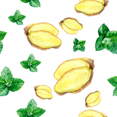 Watercolor hand drawn ginger isolated seamless pattern.
