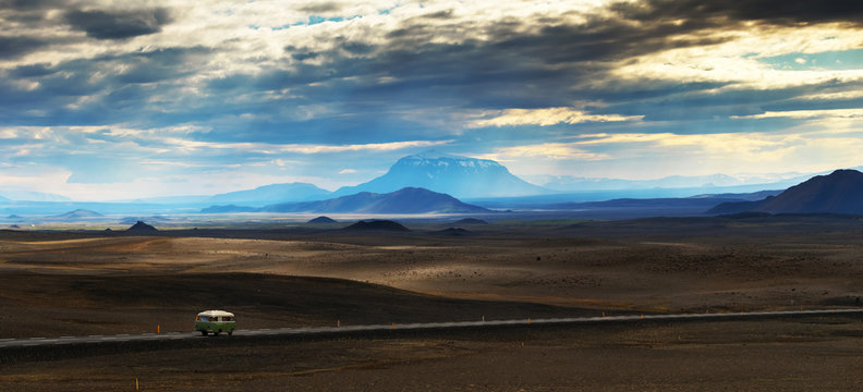 Picture of road trip at summer in Iceland, Beautiful landscape of mountain Modrudalur with mountain Herdubreid in Iceland, Summertime