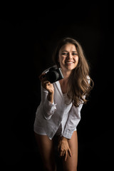 Fashion Portrait of young Woman photographer with camera