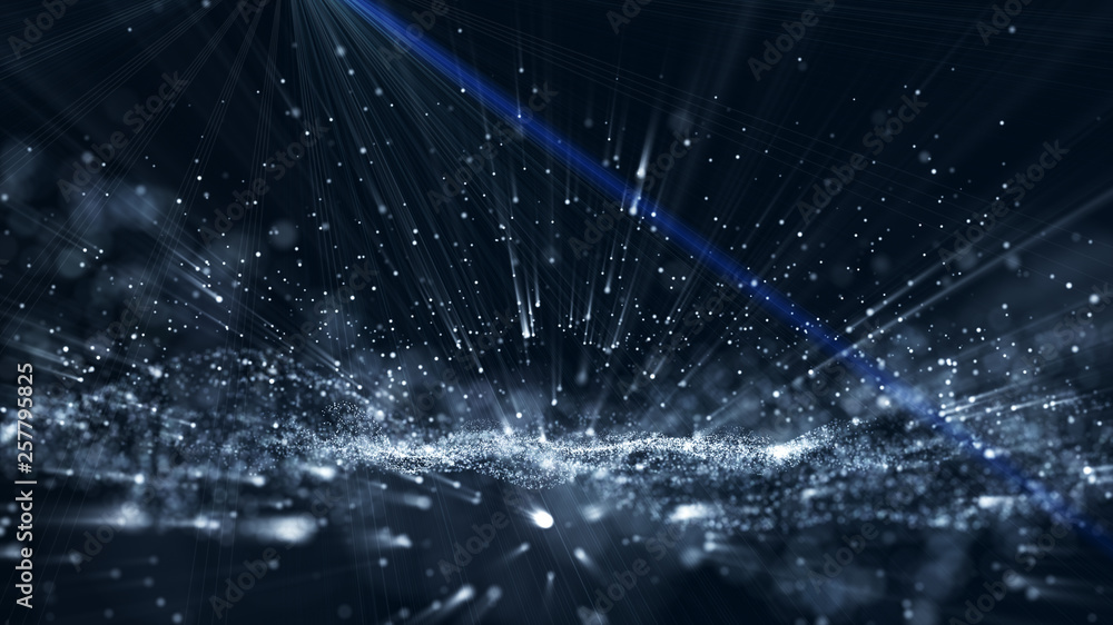 Poster blue background, digital signature with wave particles, sparkle, veil and space with depth of field.