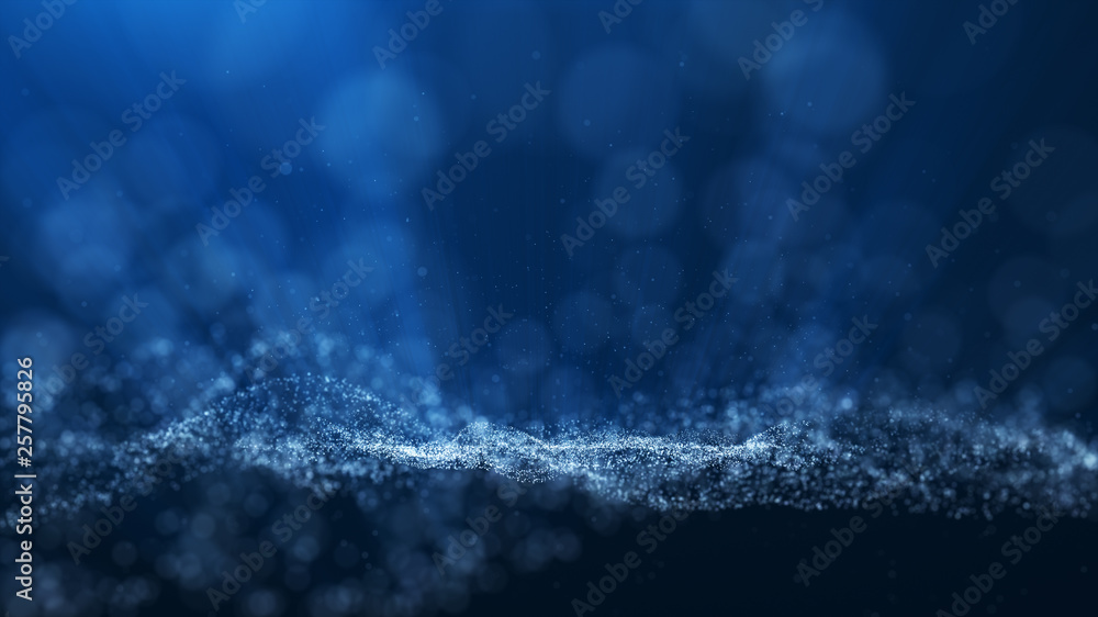 Poster blue background, digital signature with wave particles, sparkle, veil and space with depth of field.