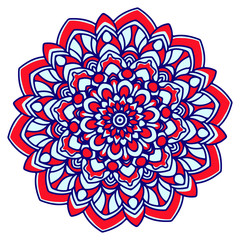 Abstract mandala art ornament. in the Arabic Mandala Art style. Mandala with rotating abstract floral motifs. With Red and blue colours combination