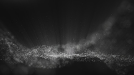 Black background, digital signature with particles, sparkling waves, curtains and areas with deep depths. The particles are white light waves.