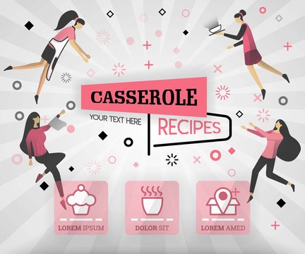 pink vector illustration concept. casserole recipes cover book.  healthy cooking recipe and deliciou food cover can be for, magazine, cover, banner, website, cookbook, book, mobile. flat cartoon