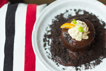 Warm dessert chocolate cake lava served on plate