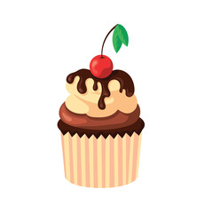Cupcake with cream, chocolate and fresh cherry isolated on white background. Confectionery food, sweet pastry, dessert, bakery shop concept.