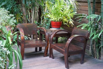Wooden furniture chairs on the house balcony in the garden, For rest