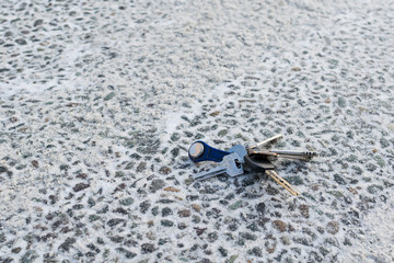 a bunch of keys lying on the asphalt road in winter in the snow