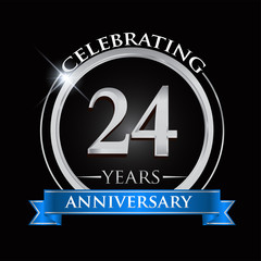 Celebrating 24 years anniversary logo. with silver ring and blue ribbon.