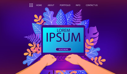 Hands working on laptop with blank screen on floral background in trendy style and bright vibrant gradient colors. Illustration for banner, site, lending and social network covers