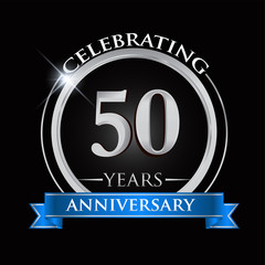 Celebrating 50 years anniversary logo. with silver ring and blue ribbon.