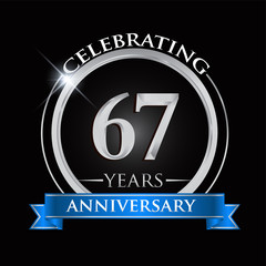Fototapeta premium Celebrating 67 years anniversary logo. with silver ring and blue ribbon.
