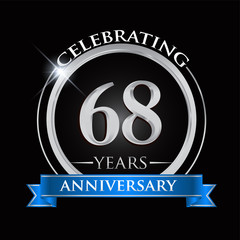 Celebrating 68 years anniversary logo. with silver ring and blue ribbon.