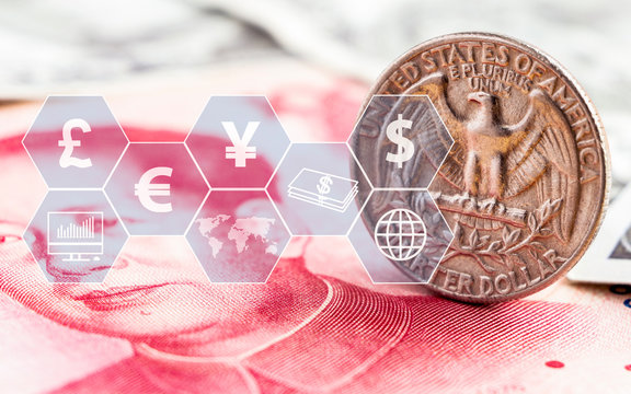 US Dollar Coin And China Yuan Bills Banknote With Icon Virtual. The Concept Of Currency Exchange Can Be Used Worldwide, Financial Or World Trade.