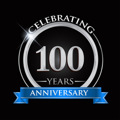 Celebrating 100 years anniversary logo. with silver ring and blue ribbon.