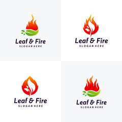 Set of Nature Energy logo designs concept, Leaf with Fire flame Logo template vector