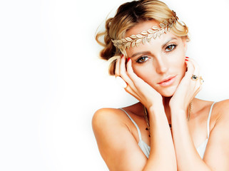 young blond woman dressed like ancient greek godess, gold jewelry and fashion makeup, people...