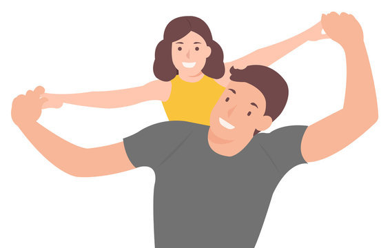 Cartoon people character design young father carrying daughter on his back happily