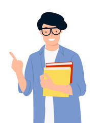 Cartoon people character design young student holding books pointing up with one finger having a good idea