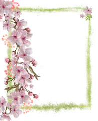 Obraz premium Sakura Wreath Decorated Green Frame Isolated on White Background. Floral Design for Print, Greeting Card, Poster, Banner, Invitation, etc.