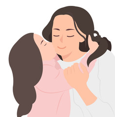 Cartoon people character design happy mother's day cute daughter embracing and kissing her beautiful mother