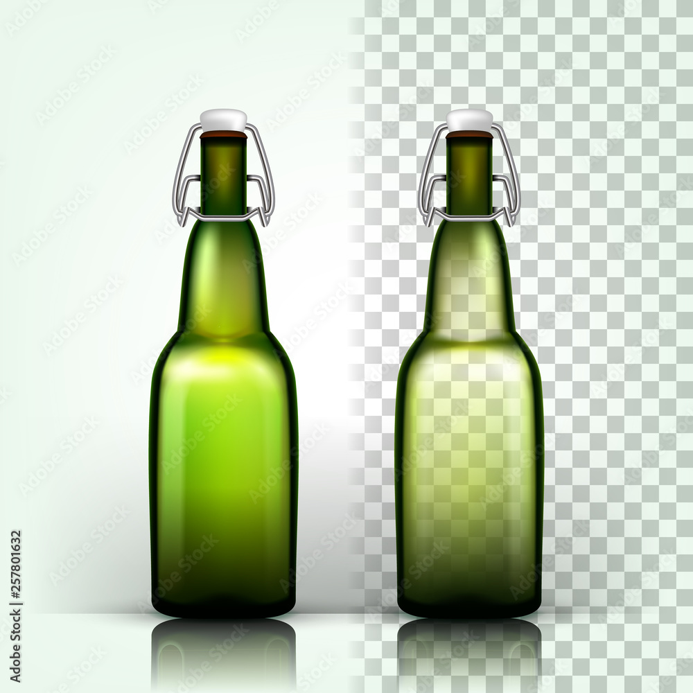 Wall mural beer bottle vector. empty glass for craft beer. mockup blank template. green. 3d transparent isolate