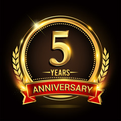 Celebrating 5th years anniversary logo with golden ring and red ribbon.