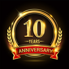 Celebrating 10th years anniversary logo with golden ring and red ribbon.